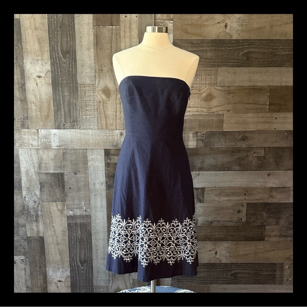 LOFT navy strapless dress size 12 glam embroidery cocktail party dark feminine